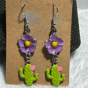 Purple Flower and Green Cactus Earrings